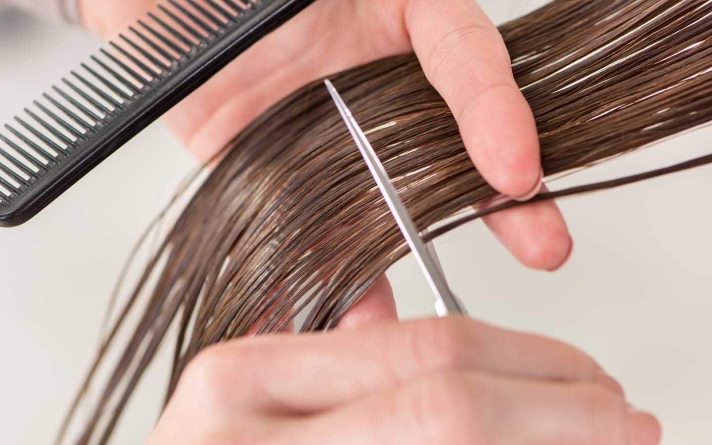 Hands cutting wet brown hair with scissors and comb.
